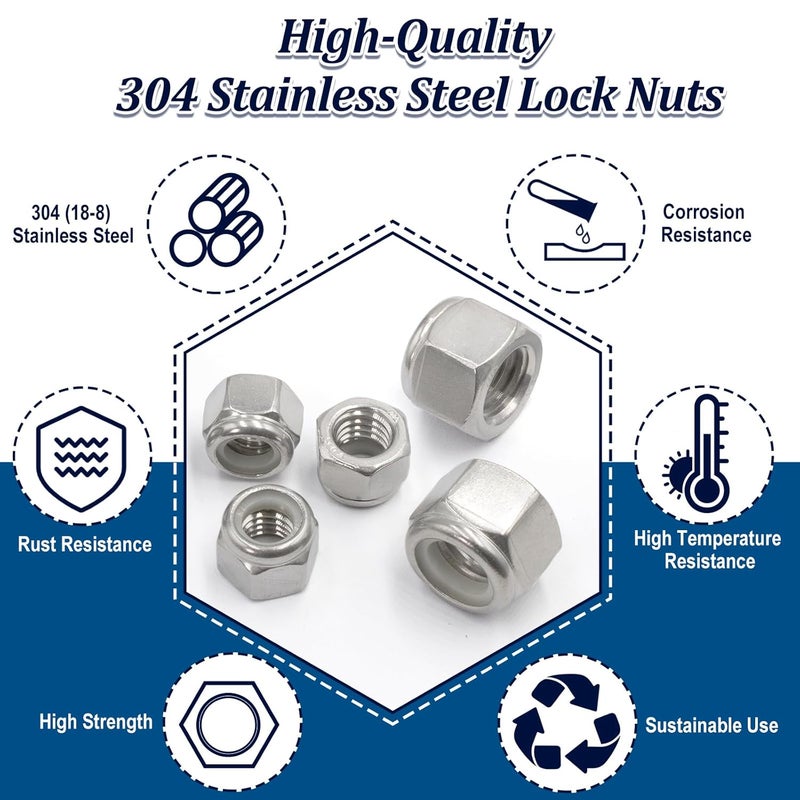 ZQZ 113 Pack Lock Nuts Assortment Kit, 6#32 8#32 10#24 10#32 5/16-18 3/8-16 1/2-13 1/4-20 SAE Nylon Insert Hex Locknuts Sets, 304 Stainless Steel Standard Inch Threaded Nylock Nuts - Image 4
